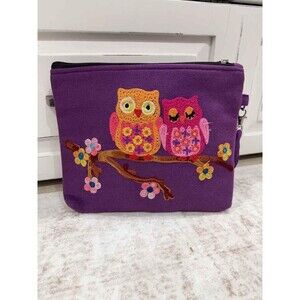 MAX Purple Canvas Embroidered Owl Wristlet Pouch Cosmetic Travel Makeup Bag